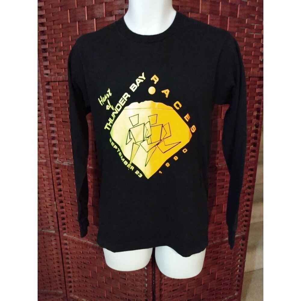Vintage 90s Thunder Bay Races Marathon Running T Shirt Long Sleeve Small Black